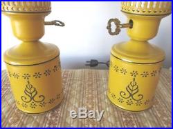 Pair Vintage Retro Tole Mid Century Mustard Yellow Hurricane Table Lamps