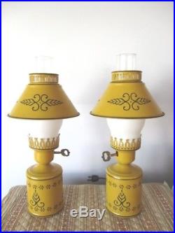 Pair Vintage Retro Tole Mid Century Mustard Yellow Hurricane Table Lamps