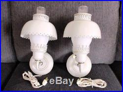 Pair Vintage Retro Tole Mid Century Pale Grey Hurricane Wall Sconce Lamp Lights