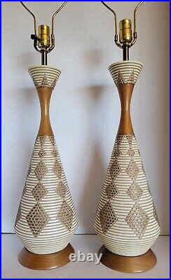 Pair Vtg Mid Century Modern FAIP Genie Bottle Plaster & Wood Diamond Lamps