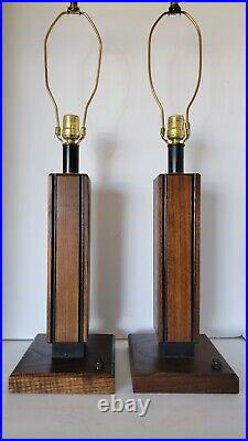 Pair Vtg Mid Century Modern Solid Grooved Wood Table Lamps A