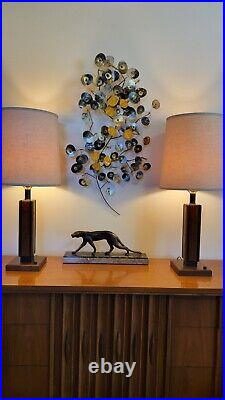 Pair Vtg Mid Century Modern Solid Grooved Wood Table Lamps A