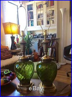 Pair mid century Eames era Vintage green glass globe table desk lamps retro