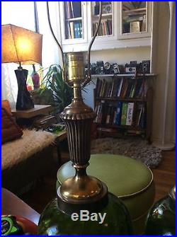 Pair mid century Eames era Vintage green glass globe table desk lamps retro
