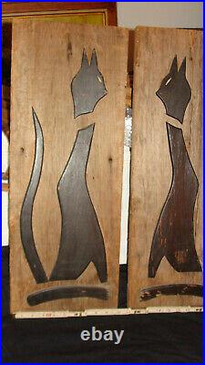 Pair of Mid Century Modern Black Cat Wall Plaques. Halloween Ready! MEOW! WOW