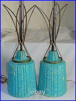 Pair of Mid Century Modern MCM Turquoise Blue Squiggled Table Lamps