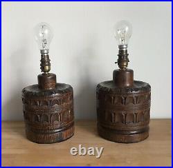 Pair of Mid-Century Modern Oak Carved Wood Table LAMP BASES Vintage Retro 1960s