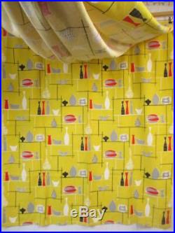 Pair of Vintage 1950's Barkcloth Atomic Curtains Yellow 133cm Drop Mid-Century