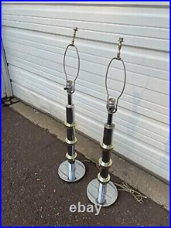 Pair of Vintage Mid Century Modern Chrome And Gold Table Lamps Retro
