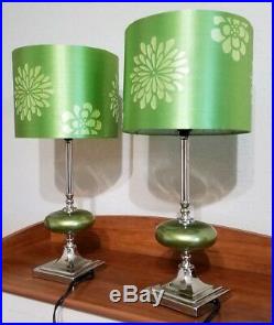 Pair of Vintage Retro Green Satin Lamps 60's Mid Century Style