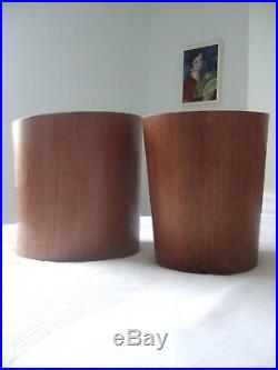Pair of vintage Mallod mid century bent wood waste paper bins with labels Retro
