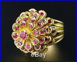 Pink Red Ruby 14K Yellow Gold Floral Mid-Century Retro Vintage Cocktail Ring