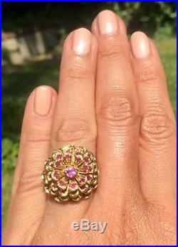 Pink Red Ruby 14K Yellow Gold Floral Mid-Century Retro Vintage Cocktail Ring
