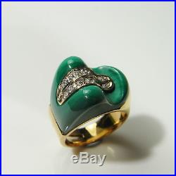 R3594 Malachite Diamond 14K Gold Ring Modernist Mid Century Retro 1970s Vintage