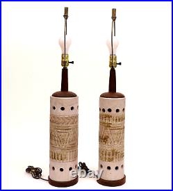 Rare MCM Mid-Century Raymor Bitossi Teak & Ceramic Table Lamps Pair