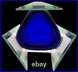 Rare Mid CENTURY Cobalt Blue Dish Encased In Triangular Shape Fine Glass Art