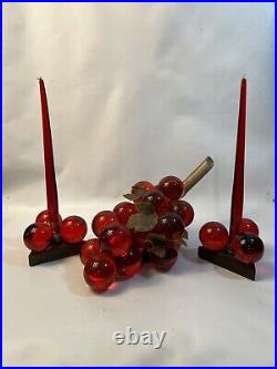 Red Lucite Grapes & Candlesticks Rare Mid Century Modern Decor