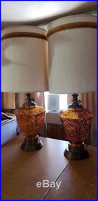 Retro 70's, Vintage Mid-Century Modern Hollywood Regency Amber Glass Table Lamps