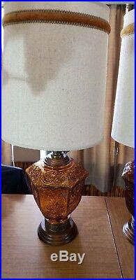 Retro 70's, Vintage Mid-Century Modern Hollywood Regency Amber Glass Table Lamps
