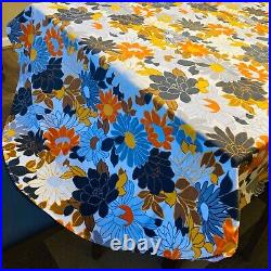 Retro Floral Tablecloth 90 inch Round Mid Century Cotton Brown Rustic Black