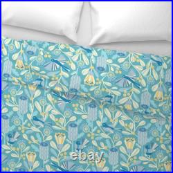 Retro Flowers Mid Century Modern Eggshell Blue Sateen Duvet Cover by Spoonflower