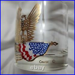 Retro Mid-Century Couroc of Monterey Six Glasses Eagle American Flag 22K Gold