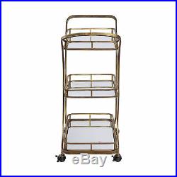 Retro Mid Century Tiered Gold Serving Bar Cart Mirrored Shelves Rolling Wheels