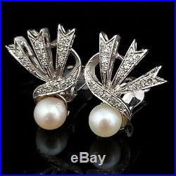 Retro Pearl Diamond 14k White Gold Earrings Mid Century Vintage Fan Estate Gift