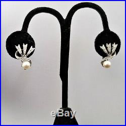 Retro Pearl Diamond 14k White Gold Earrings Mid Century Vintage Fan Estate Gift