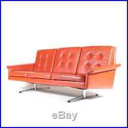 Retro Vintage Danish Ski Leg Red Leather 3 Seat Seater Sofa Mid Century 60s 70s