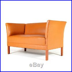 Retro Vintage Danish Tan Leather 2 Love Seat Seater Sofa 1960s Mid Century Teak