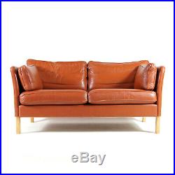 Retro Vintage Danish Tan Leather 2 Seat Seater Sofa 1970s Mid Century Rosewood