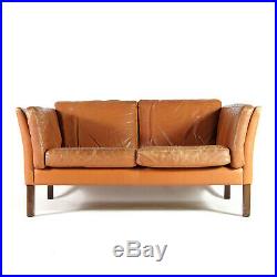 Retro Vintage Danish Tan Leather 2 Seat Seater Sofa 60s Mid Century Mogensen 70s