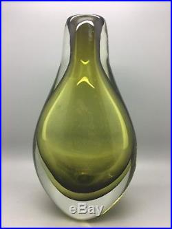 Retro Vintage Mid Century Murano Olive Green Coloured Heavy Cased Sommerso Vase