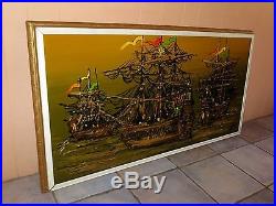 SIGNED MID CENTURY MODERN RETRO VINTAGE 3 SHIP LIGHTED PAINTED WALL ART