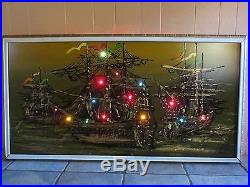 SIGNED MID CENTURY MODERN RETRO VINTAGE 3 SHIP LIGHTED PAINTED WALL ART