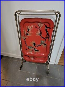 Serving Cart Two Tier with 2 red Metal Trays Wheels Mid Century Retro Vintage
