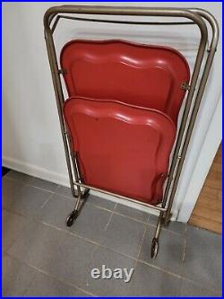Serving Cart Two Tier with 2 red Metal Trays Wheels Mid Century Retro Vintage