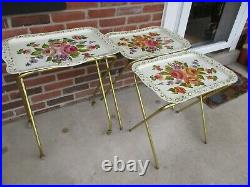 Set 3 Vintage Crestline Metal TV Trays Tole Painted Roses Wheeled Stand GUC