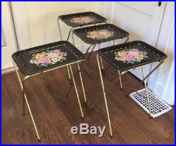 Set 4 Vintage TV Tray Tables Metal Mid-Century Floral NOS Excellent 1950s Retro