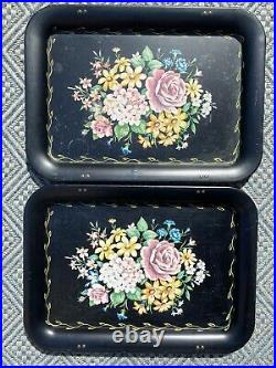 Set Of 4 Vintage Metal Black Floral Tole Roses Folding TV Tray Tables Retro 60s