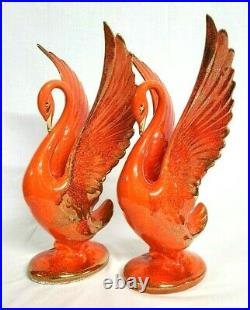 Set Vintage 1960s Mid-Century Modern Ceramic Swans Orange withGold Retro