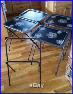 Set Vintage Cal-Dax TV 4 Trays Metal Black WithStand Mid Century Mod Retro Flowers