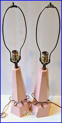Set of 2 MCM Mid Century Table Lamps Pink Ceramic and Metal Design