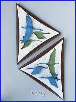 Set of 2 Vintage Burwood Products Wall Art Decor Plaques Geese Teal Blue MCM