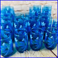 Set of 24 Vintage Mid-Century Blue Floral Retro Drinking Glasses textured daisy