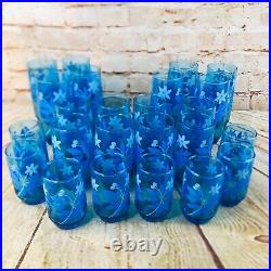 Set of 24 Vintage Mid-Century Blue Floral Retro Drinking Glasses textured daisy