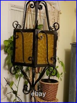 Spanish Revival Hanging Pendant Lamp Wrought Iron Amber Glass Heavy 125 Chain