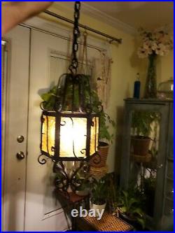 Spanish Revival Hanging Pendant Lamp Wrought Iron Amber Glass Heavy 125 Chain