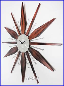 Starburst Wall Clock Mid Century Analog Metal Wood Retro Vintage Home Decor Star